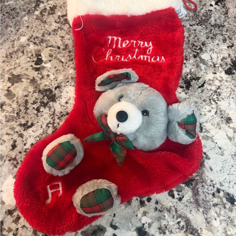 VintageRed Christmas Stocking with Bear Design